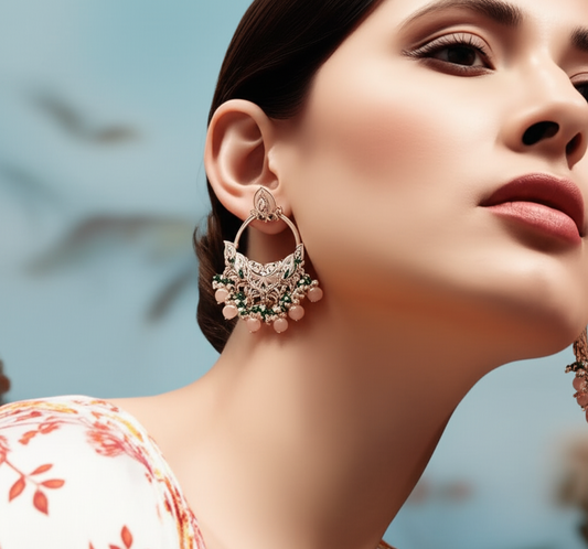 Jadau Polki Hoop Earrings with Pink and Green Beads.