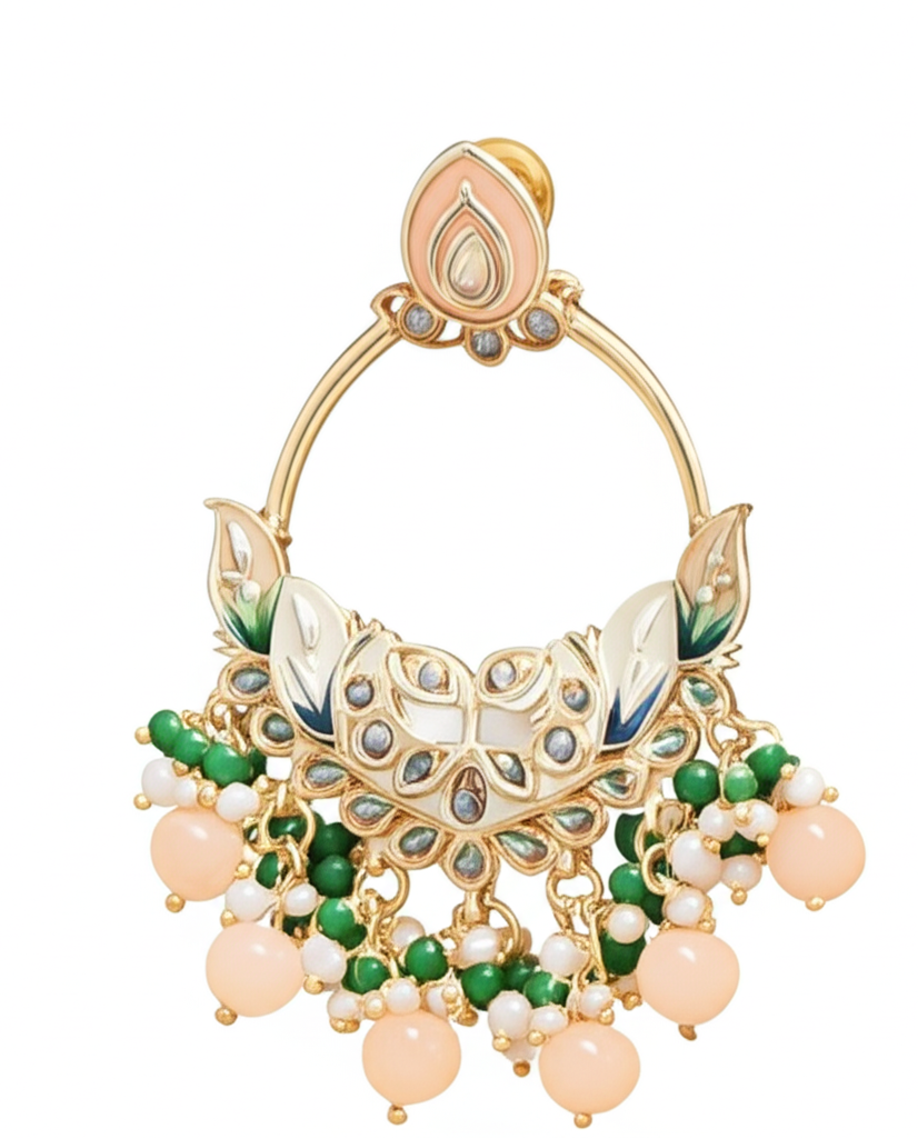 Jadau Polki Hoop Earrings with Pink and Green Beads.
