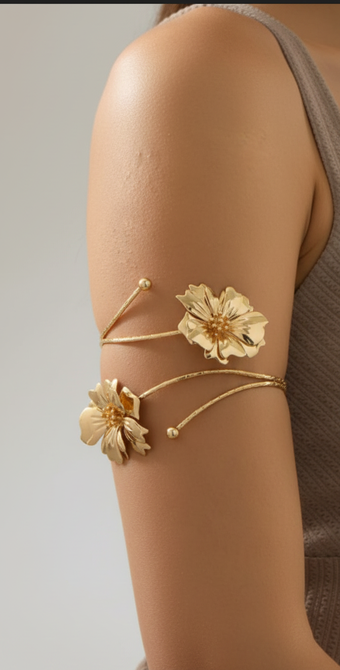 Gold-Plated Floral Open Arm Cuff Bracelet