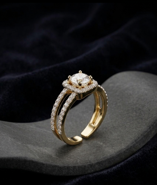 Adjustable American Diamond Halo Ring for Women – Gold Plated Double Band Open Ring