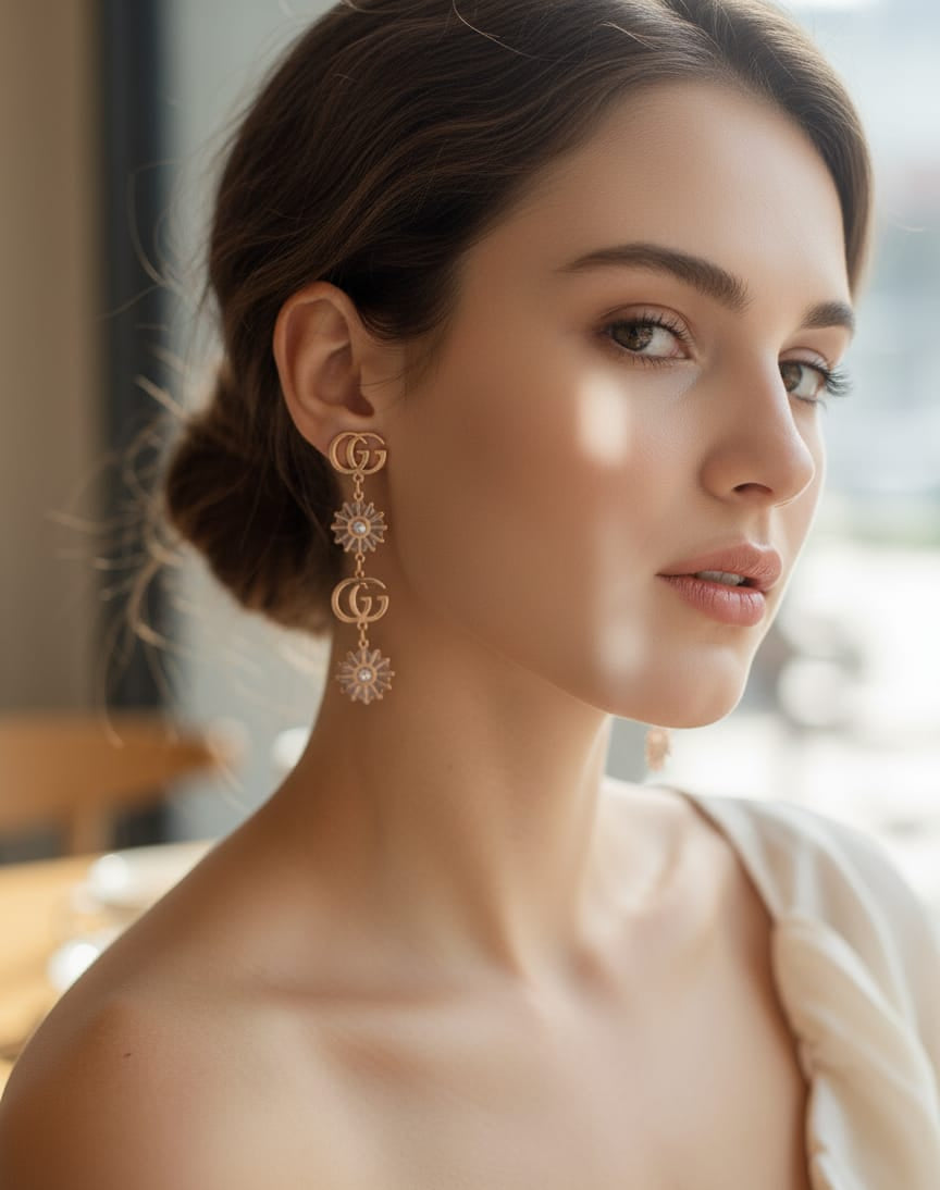 Rose Gold Dangle Earrings with Crystal Flowers