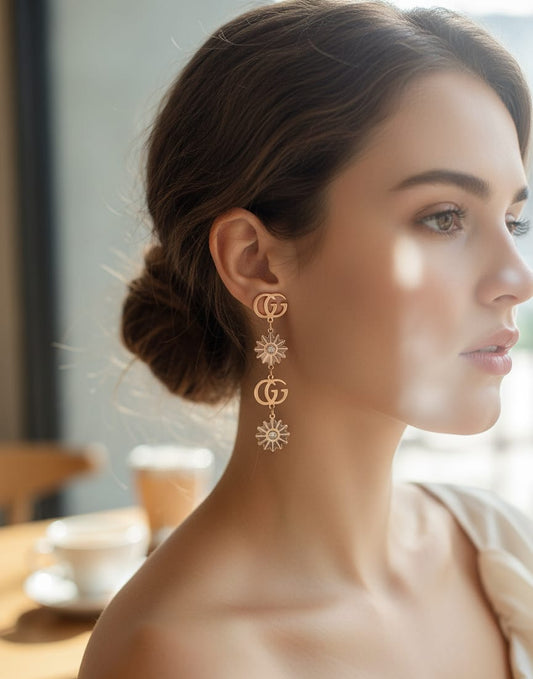 Rose Gold Dangle Earrings with Crystal Flowers