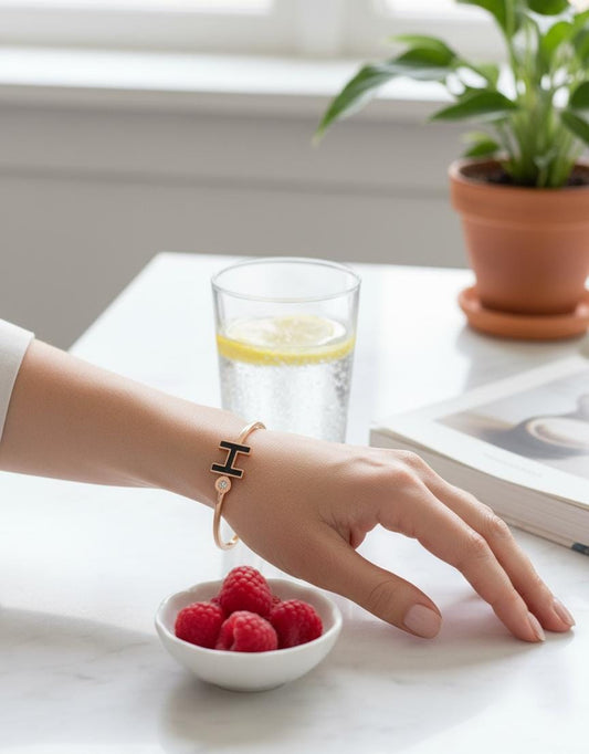 Black Enamel 'H' Bangle with Crystal Accent