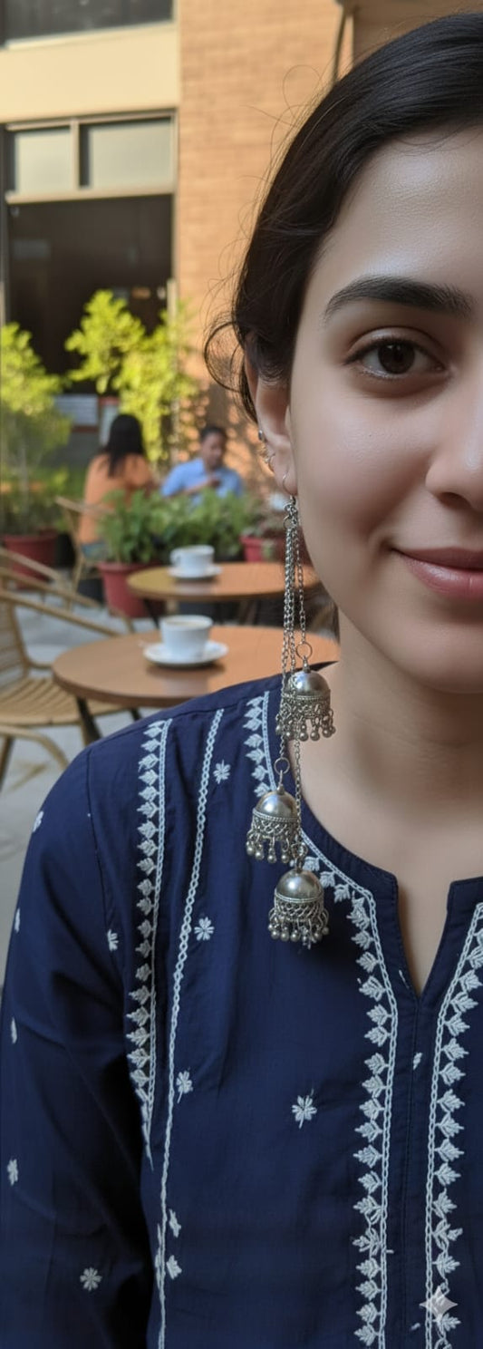 Oxidized Silver Jhumka Chain Earrings
