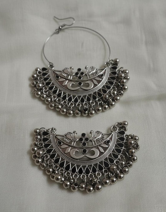 Oxidized Silver Peacock & Ghungroo Earrings