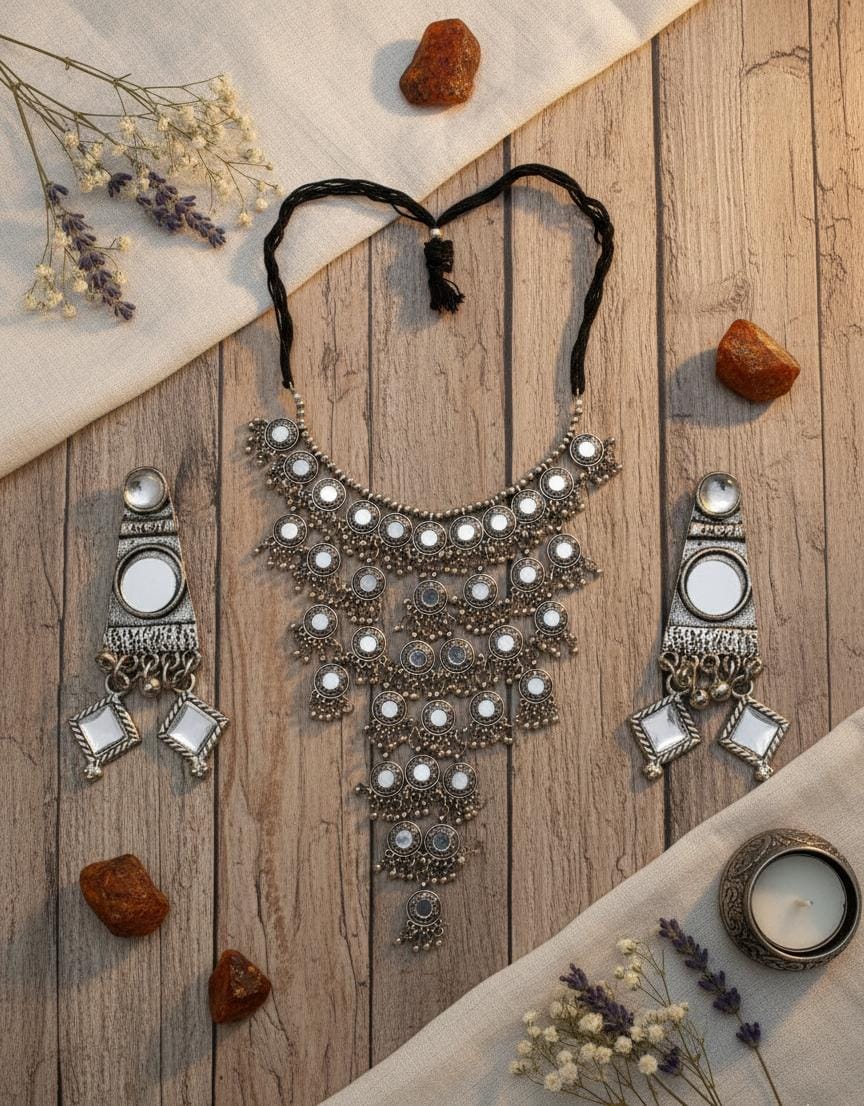 Oxidized Silver Mirror Choker with Earrings