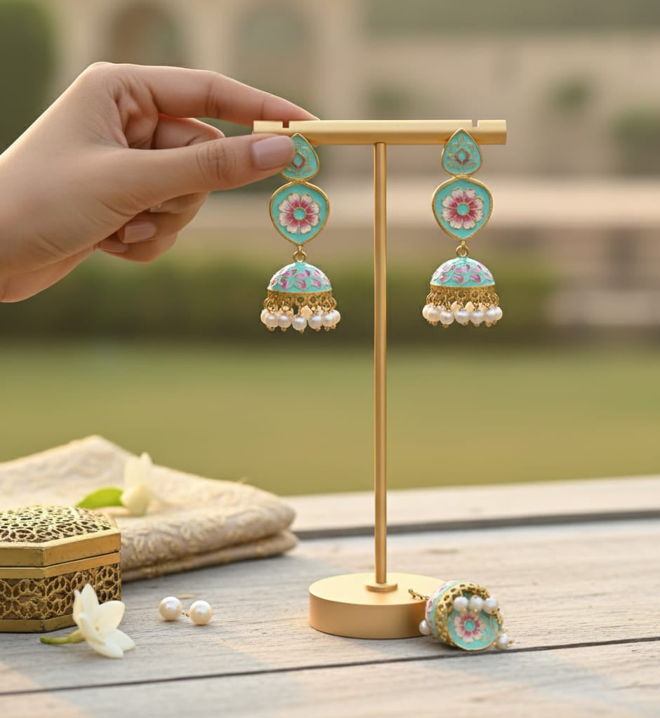 "Azure Blossom" Hand-Painted Meenakari Jhumka's