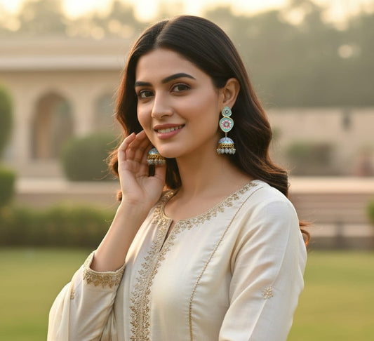 "Azure Blossom" Hand-Painted Meenakari Jhumka's