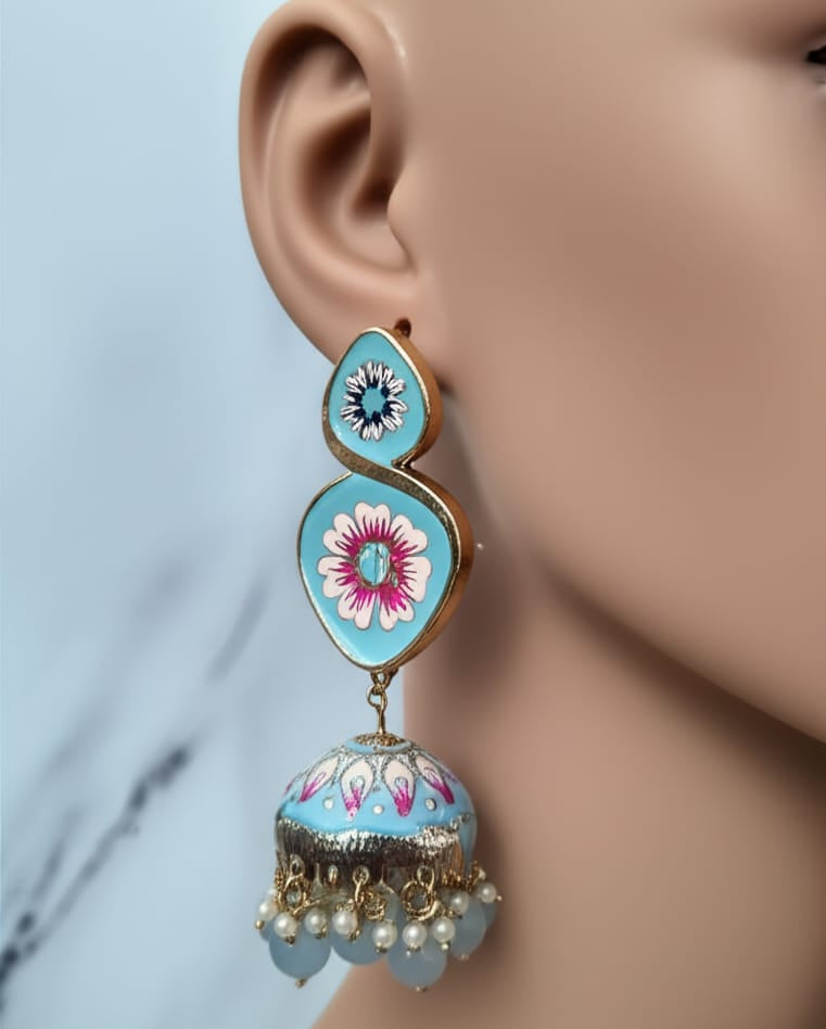 "Azure Blossom" Hand-Painted Meenakari Jhumka's