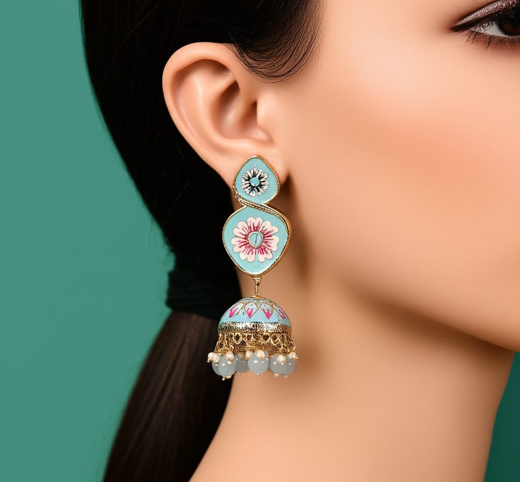 "Azure Blossom" Hand-Painted Meenakari Jhumka's