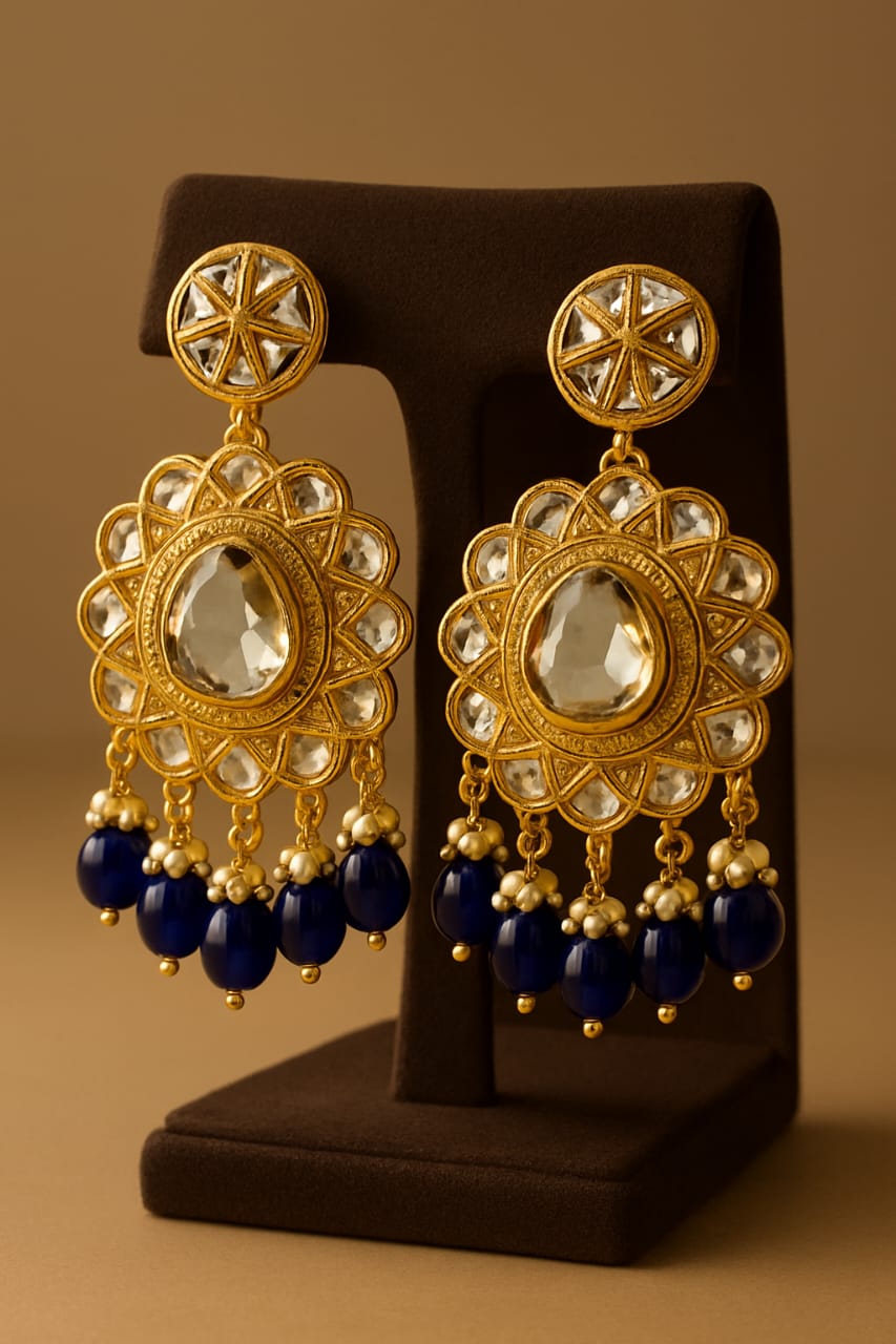 Kundan Polki & Navy Blue Jhumki Earrings