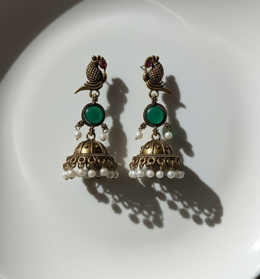 Antique Gold-Plated Peacock Green Stone Jhumka Earrings with Pearl Drops