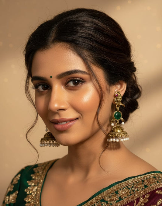 Antique Gold-Plated Peacock Green Stone Jhumka Earrings with Pearl Drops