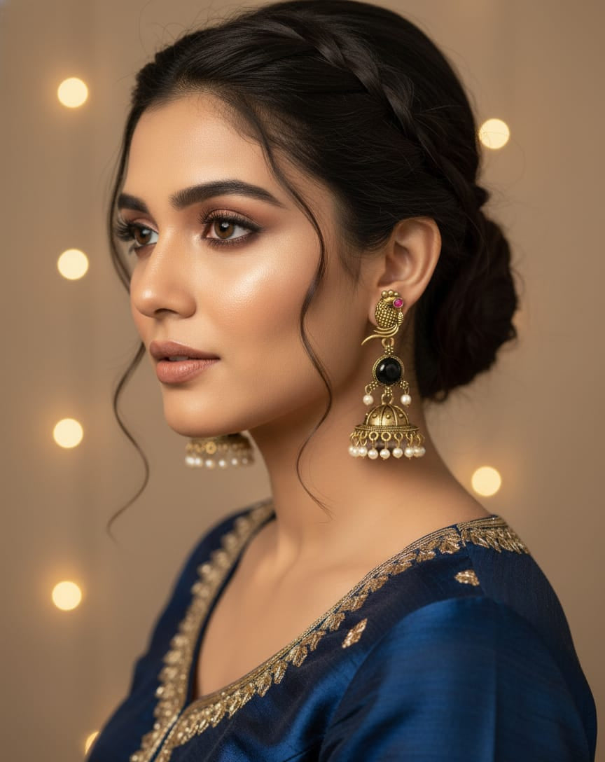 Antique Gold-Plated Peacock Black Stone Jhumka Earrings with Pearl Drops