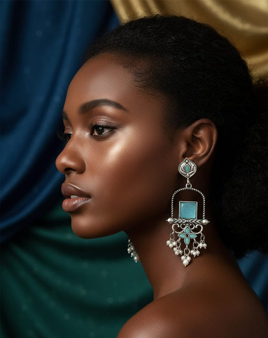 Vintage Silver-Plated Turquoise Blue Stone Statement Dangler Earrings