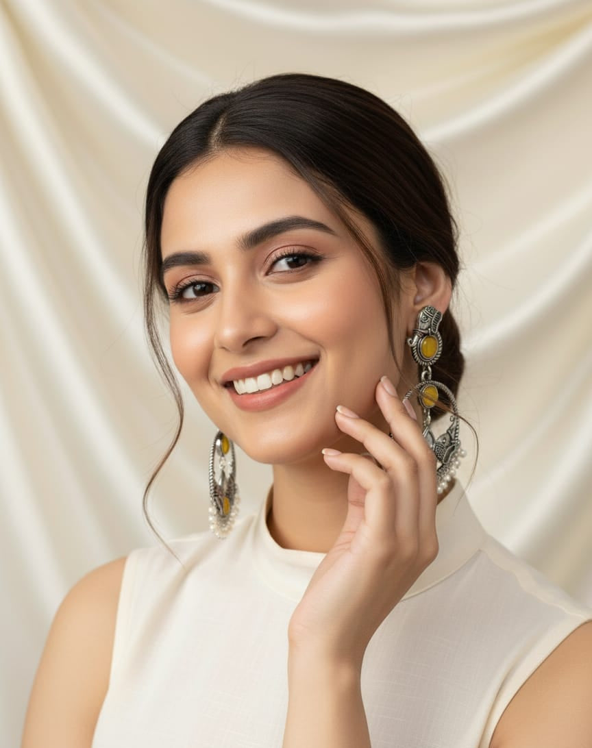 Antique Silver Oxidized Earrings with Yellow Stone & Pearl Drops