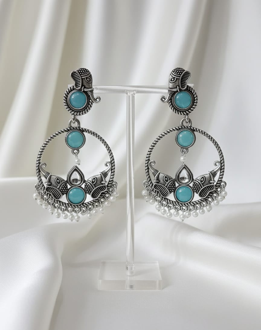 Antique Silver Oxidized Earrings with Turquoise Blue & Pearl Drops