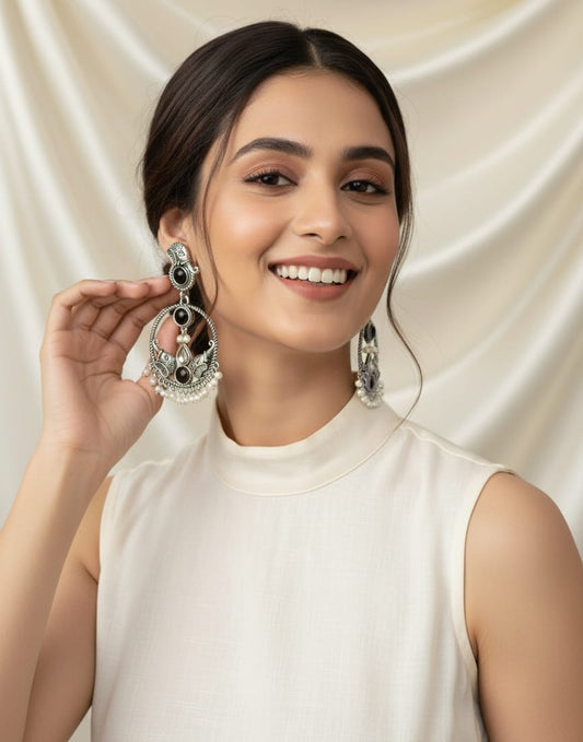 Antique Silver Oxidized Earrings with Black Stone & Pearl Drops