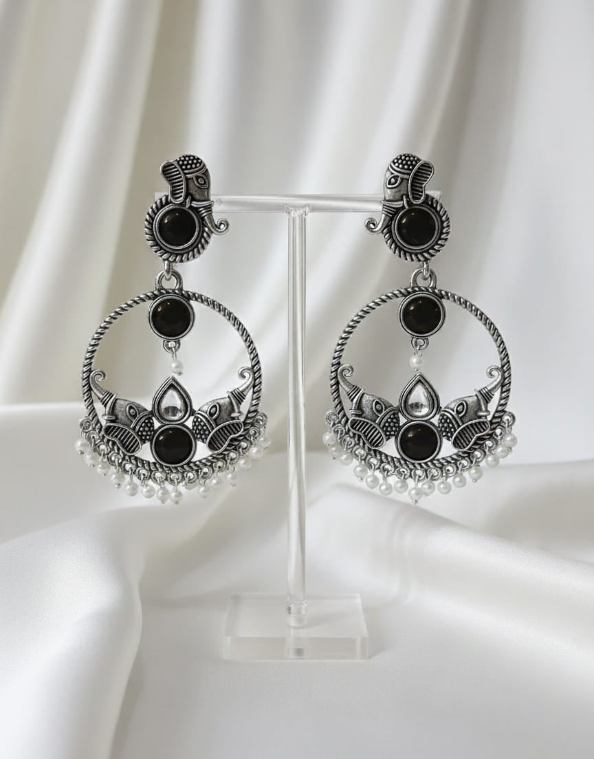 Antique Silver Oxidized Earrings with Black Stone & Pearl Drops
