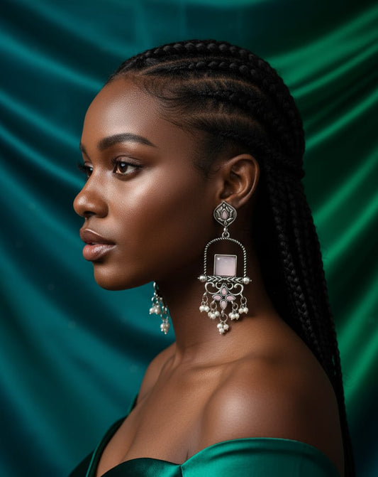 Vintage Silver-Plated Pink Stone Statement Dangler Earrings