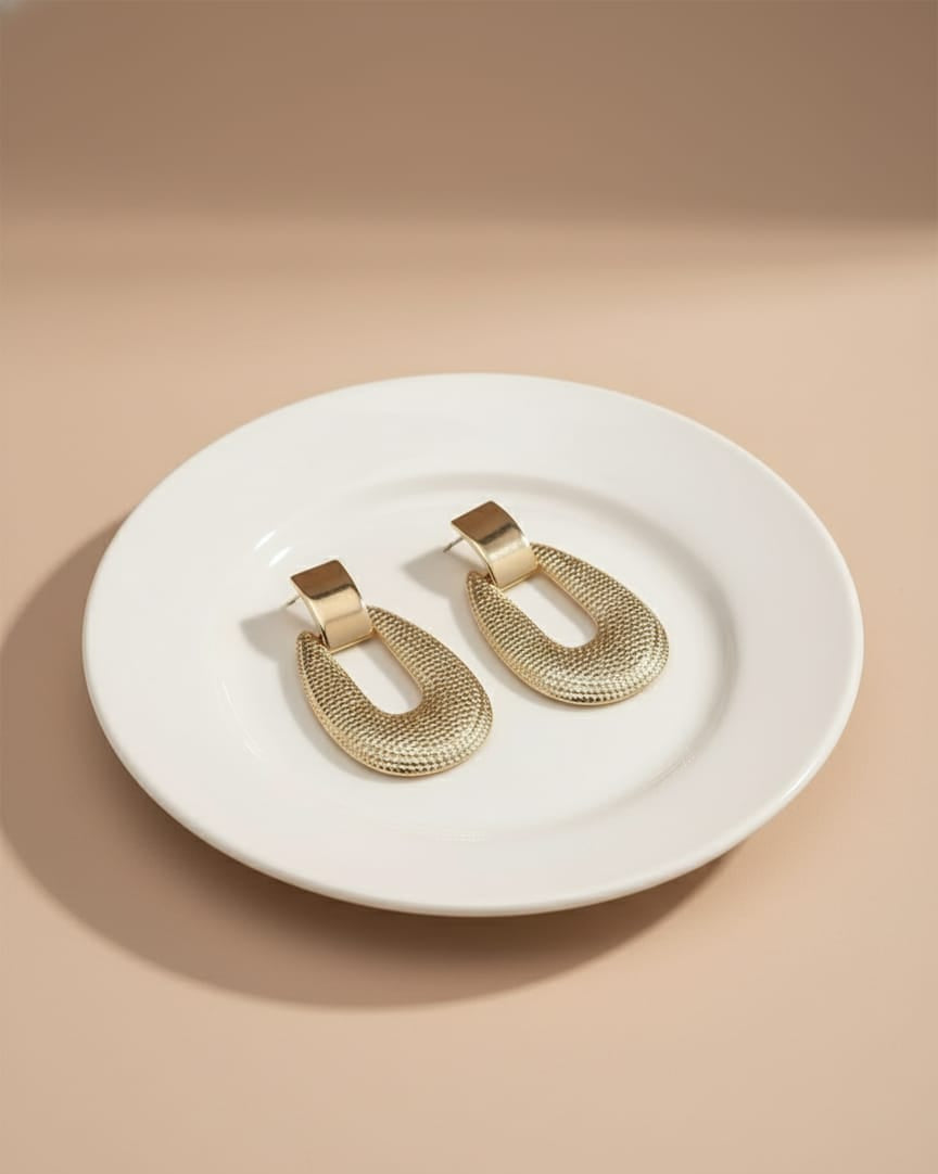 Gold-Toned Anti-Tarnish Textured Oval Statement Earrings