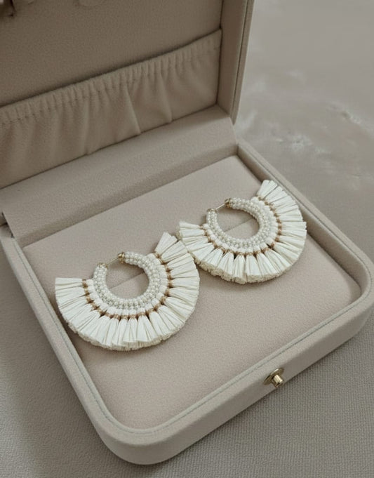 Cream Tassel Beaded Hoop Earrings