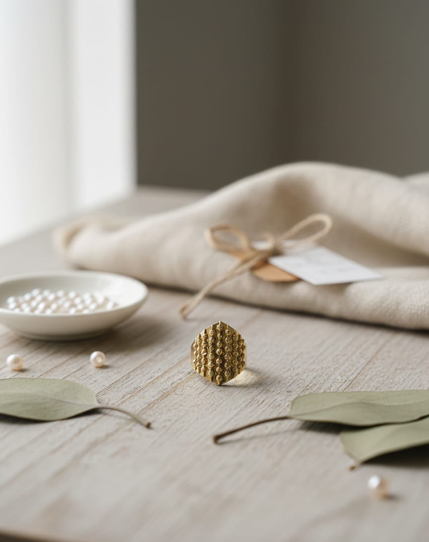 Golden Hex Stud Adjustable Statement Ring