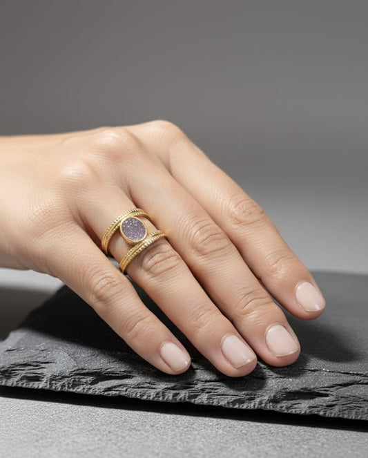 Golden Druzy Oval Adjustable Anti-Tarnish Ring