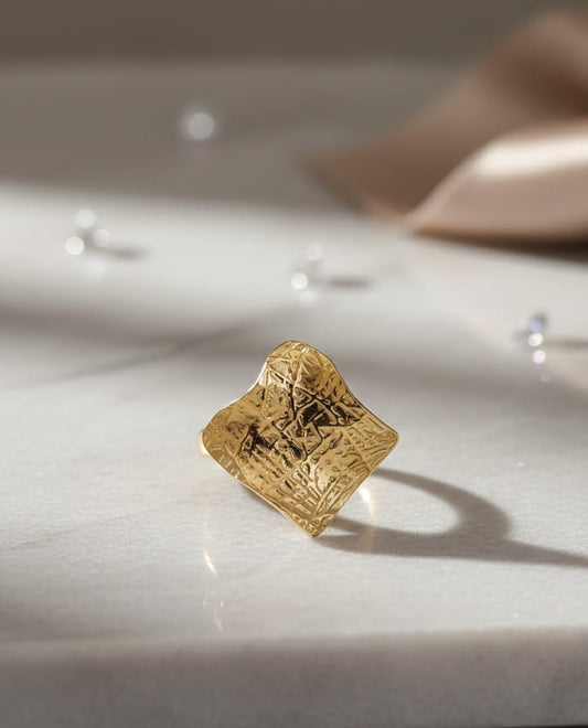 Golden Textured Square Adjustable Anti-Tarnish Ring