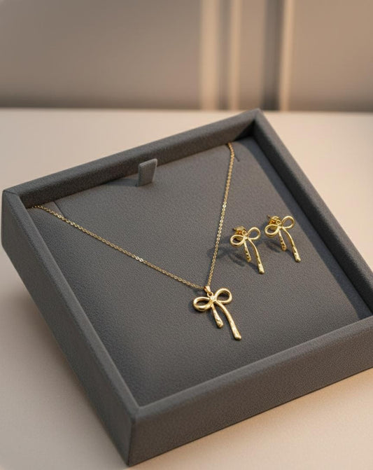 Golden Bow Drop Anti-Tarnish Necklace & Earrings Combo