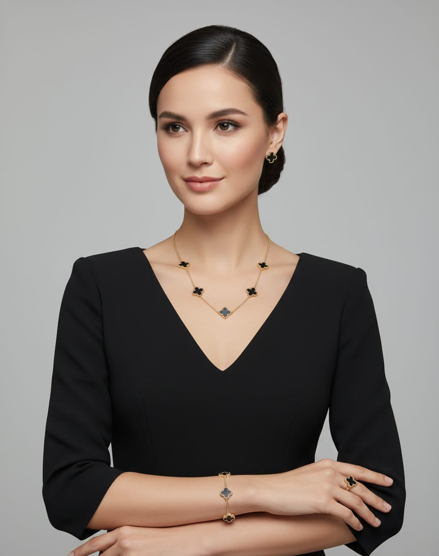 Noir Clover Anti-Tarnish Gold Jewellery Combo Set