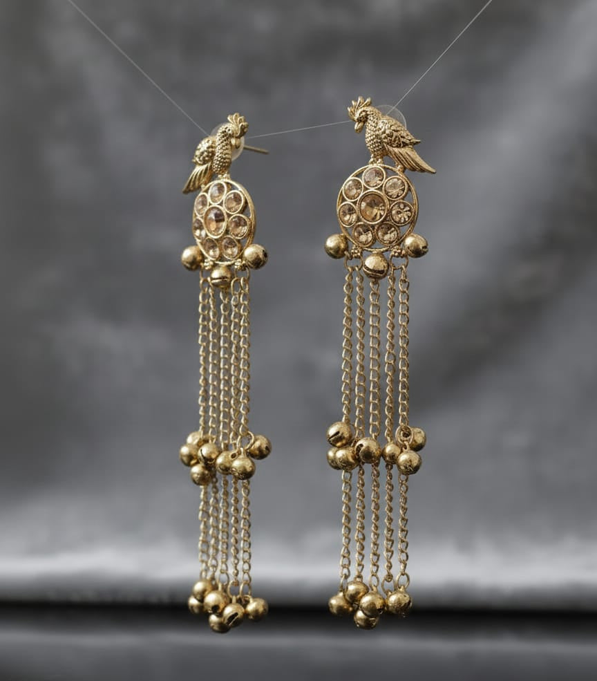 Gold-Toned Kashmiri Parrot Dangler Earrings with Kundan & Ghungroo Beads