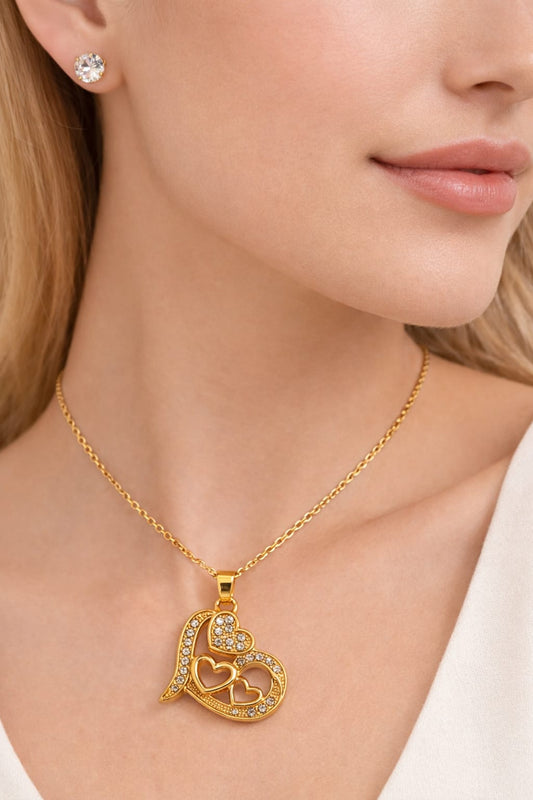 Gold-Toned Heart Pendant Necklace & Crystal Stud Earrings Combo