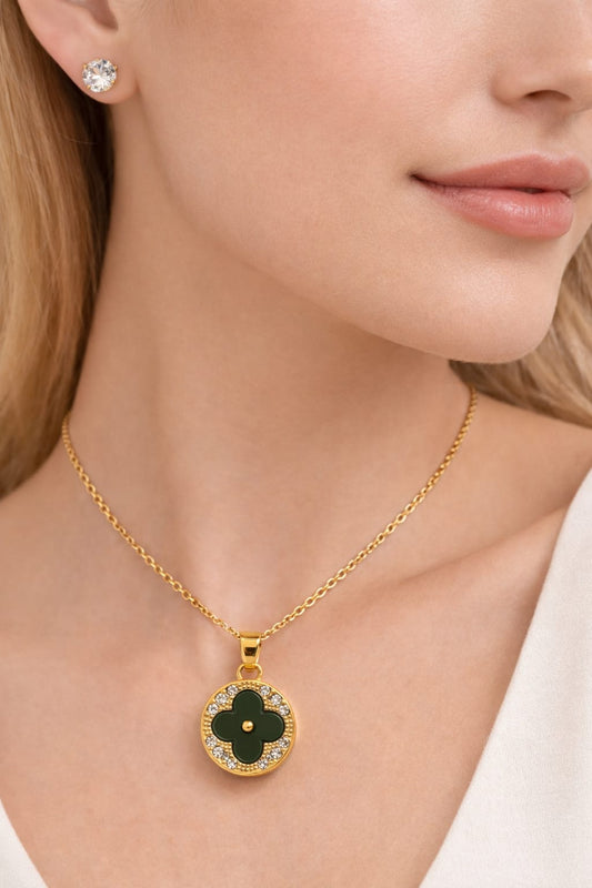 Gold-Toned Green Clover Pendant Necklace & Crystal Stud Earrings Combo