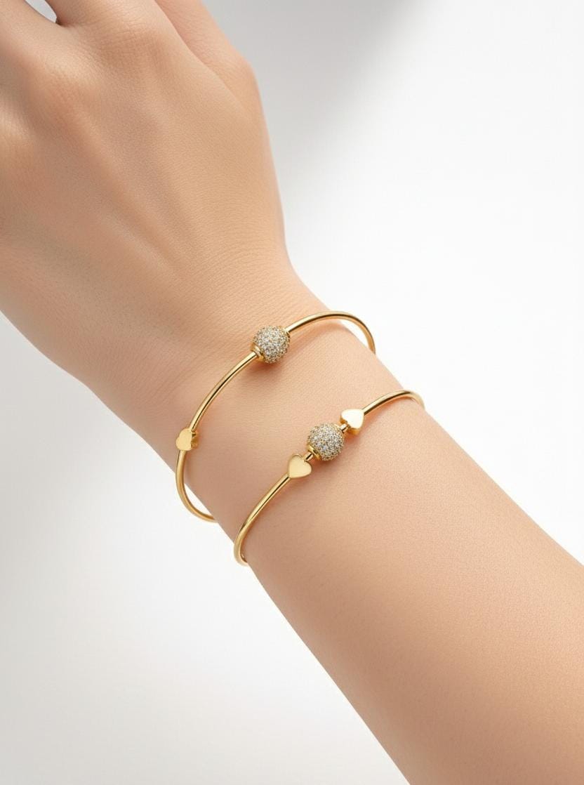 Gold-Toned Heart & Crystal Charm Open Bangles