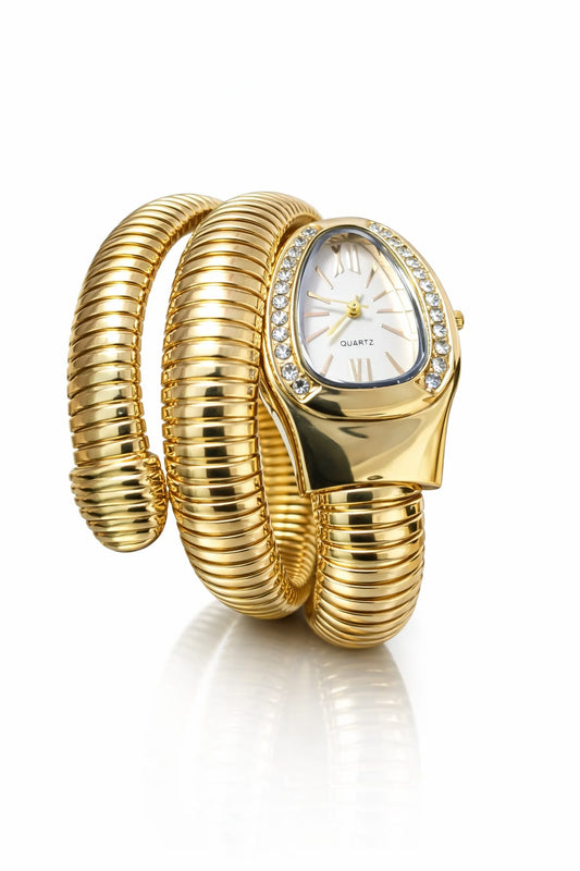 Gold Snake Bracelet Watch with White Dial