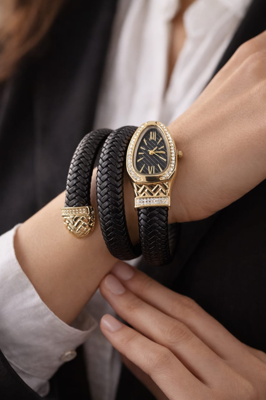 Noir Serpent Dual-Wrap Bracelet Watch