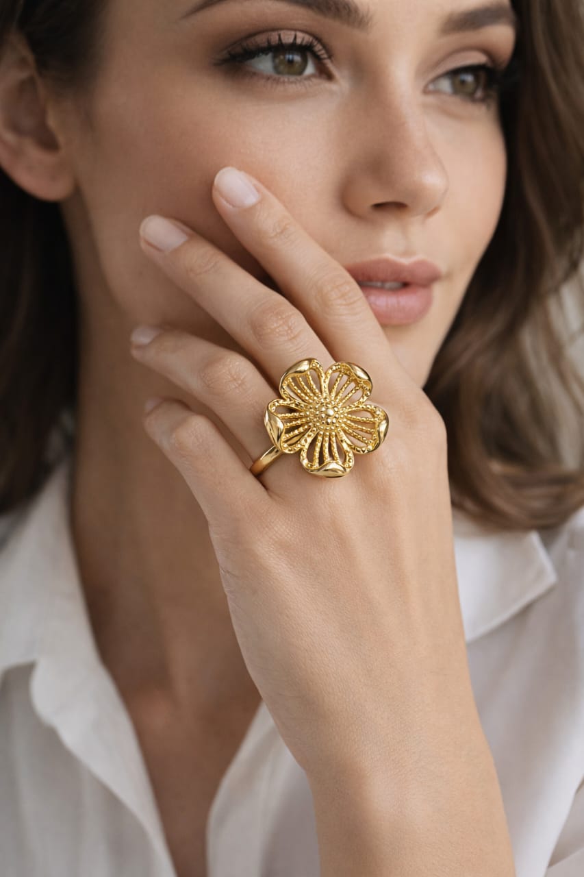 Floréa Anti-Tarnish Adjustable Gold Floral Cocktail Ring