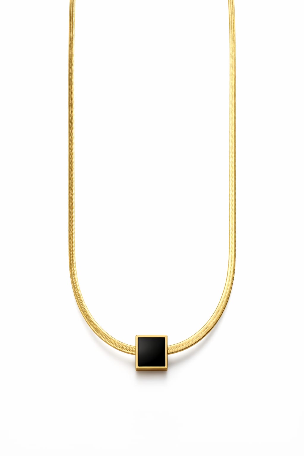 Anti-Tarnish Gold Snake Chain Necklace with Black Square Pendant