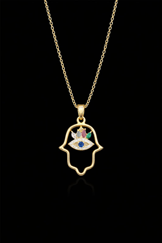 Anti-Tarnish Gold Hamsa Hand Evil Eye Necklace with Multicolor Stones