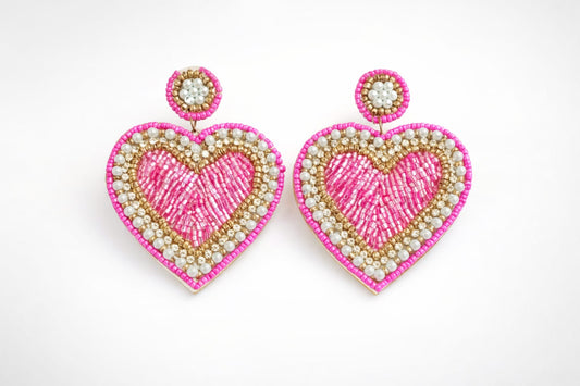 Handmade Pink Beaded Heart Earrings