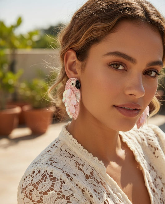 Handmade Pink Beaded Bird Earrings