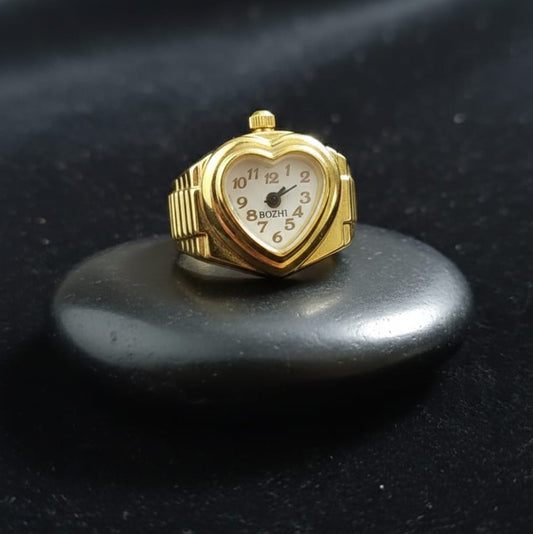Gold Finish Heart Dial Ring Watch