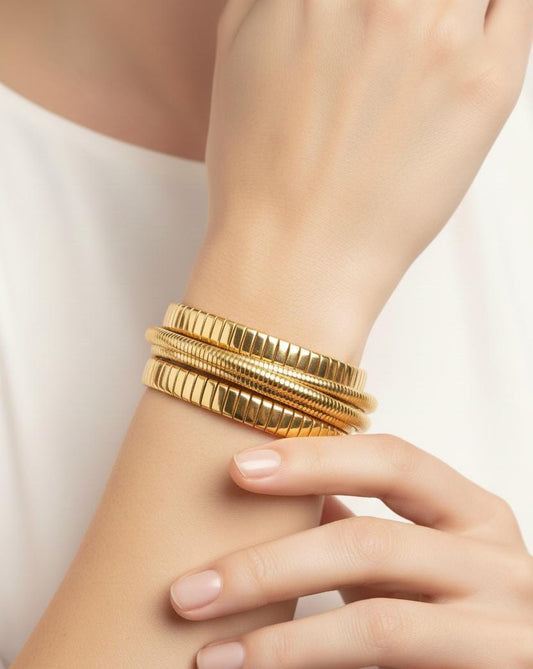Ribbed Gold Finish Anti-Tarnish Cuff Bracelet