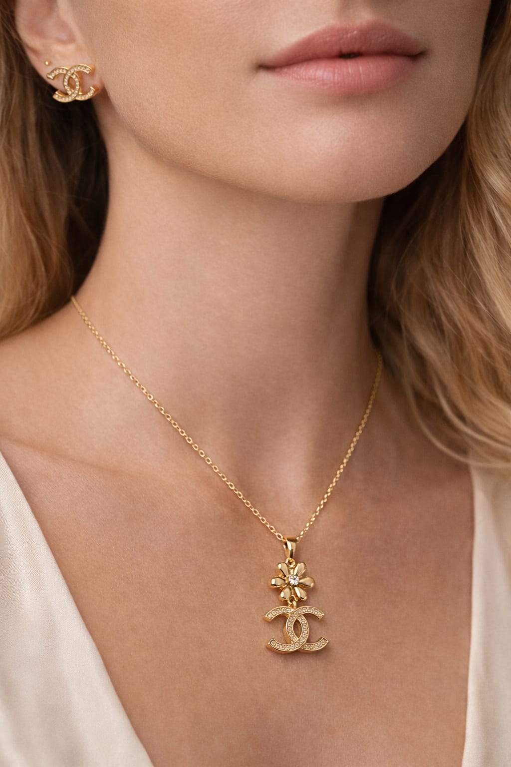 Luxury Gold-Tone Logo Earrings & Necklace Combo Set