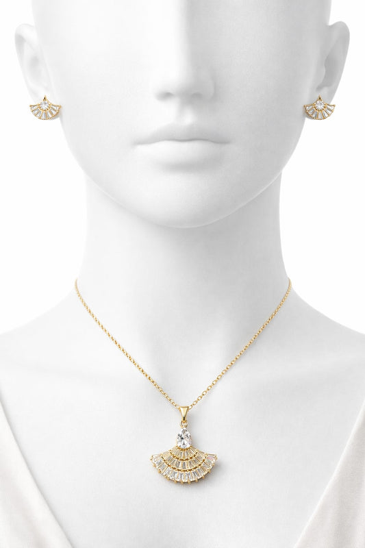 Elegant Gold-Tone Crystal Fan Earrings & Necklace Combo Set