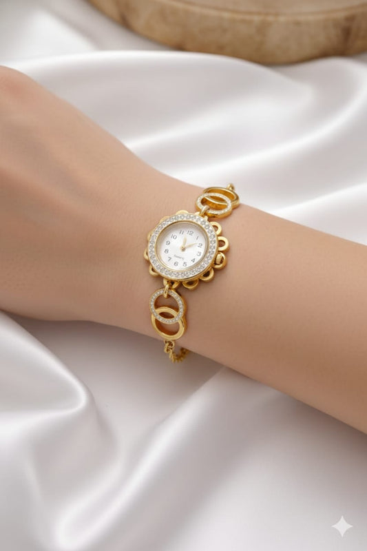 Elara Crystal Halo Watch Bracelet – Anti Tarnish Gold Adjustable