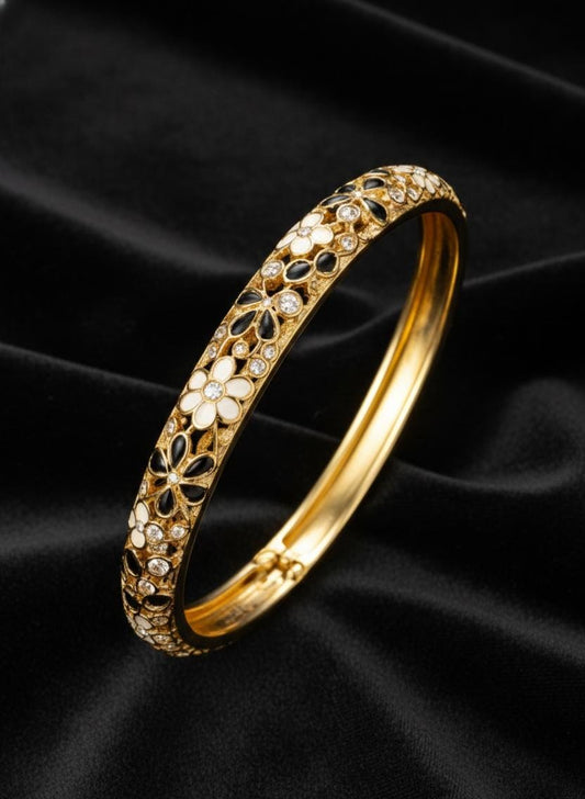 Noir Blossom Crystal Gold Openable Bangle – Sleek Floral Hinged Bracelet