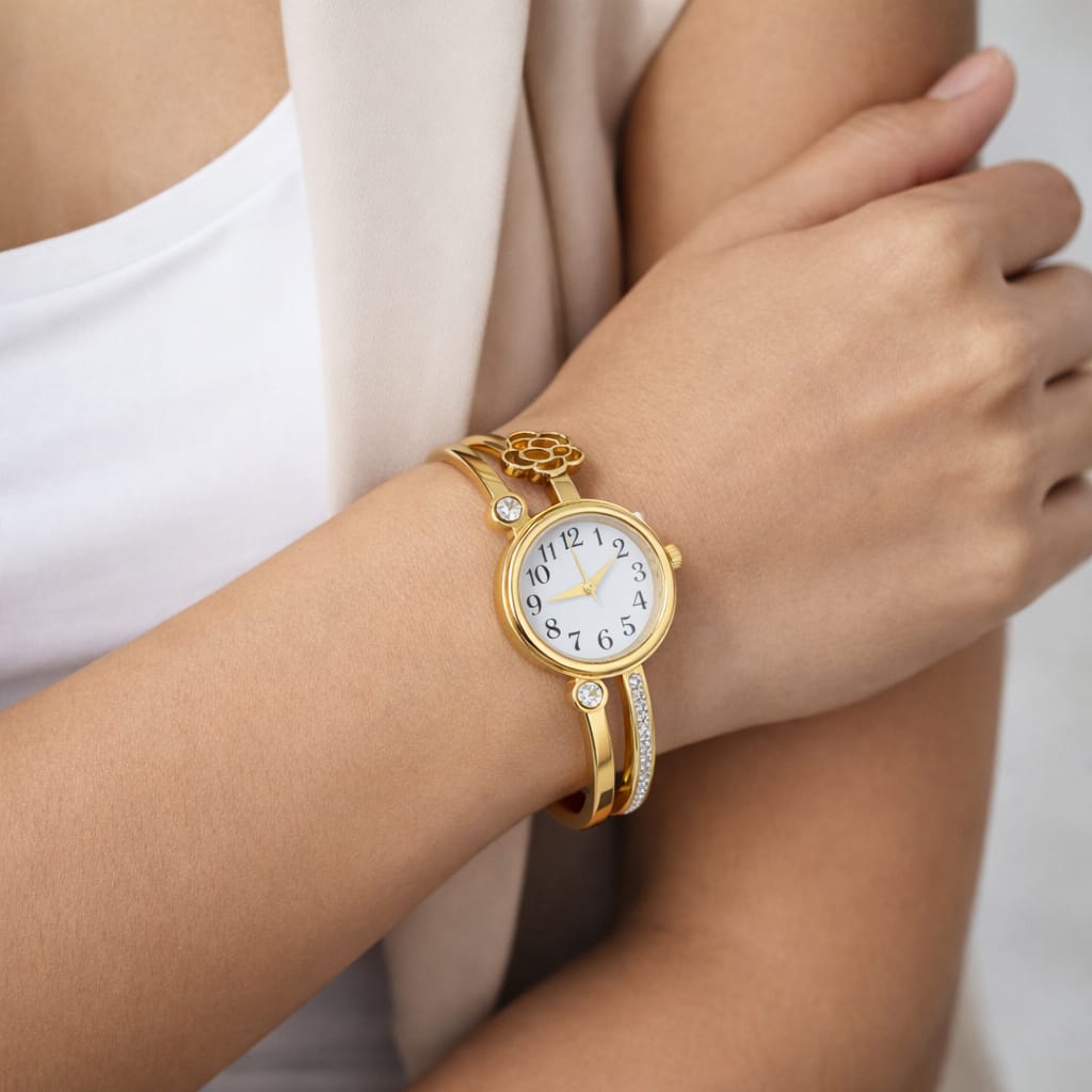 Floria Elegant Gold Watch – Anti-Tarnish Openable Floral Bracelet Watch for Women