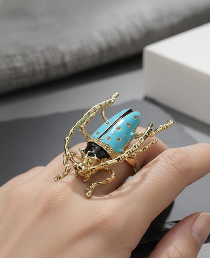 Aurex Beetle Statement Ring – Adjustable Anti-Tarnish Gold Enamel Ring for Women